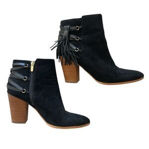 Marc Fisher Black Suede Brown Heeled Booties Boots Shoes Women’s Sz 10 M Fringe